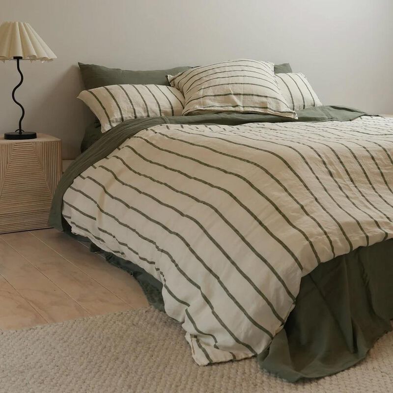 Home Lab 100% French Flax Linen Duvet Cover Set - Lichen Stripe image number 1